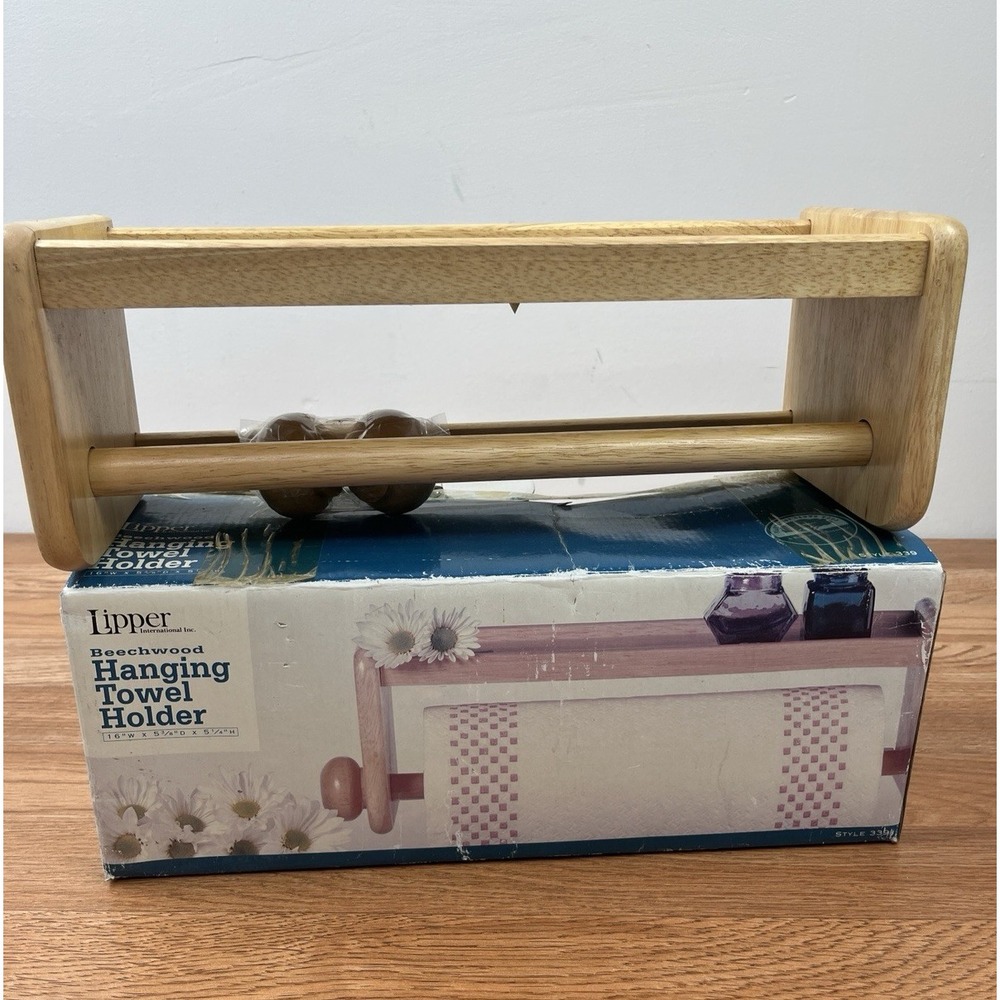 Vintage Lipper Beechwood Hanging Paper Towel Holder with Top Shelf NEW